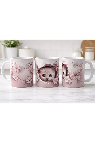 CumparaSMART Personalized white mug, 3D Cat and flower