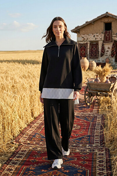 Nuss Half Zipper and Shirt Detail Tunic Trousers Set 1075 Black