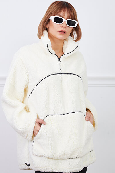 zenne Kangaroo Pocket Plush Sweatshirt Ecru