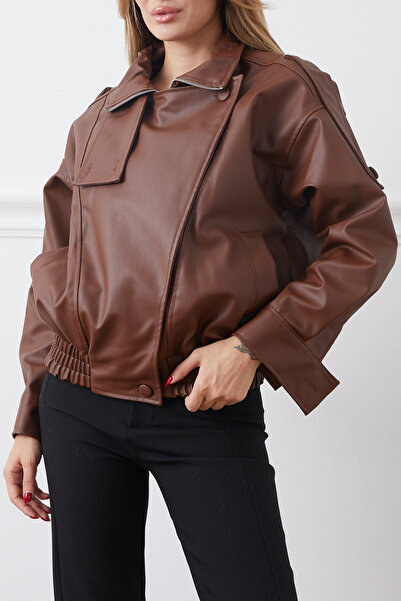 zenne جلد صناعي سترة بخصر مطاطي من سحاب مخفي قطع باللون البني