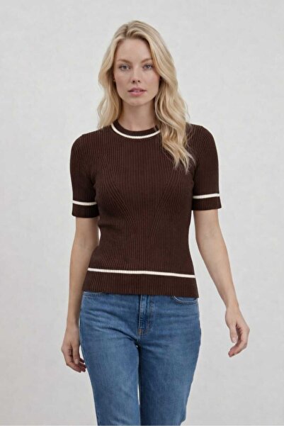 LE CARAMBOLE Women's Brown Crew Neck Striped Detail Short Sleeve Knitwear Blouse
