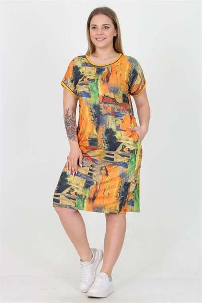 Dipmoda Women's Yellow New Season Pocketed Plus Size Viscose Dress Dpaysl28