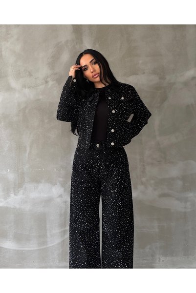 OKSOCOLLECTİON Siyah Taşlı Ceket Pantolon Takım