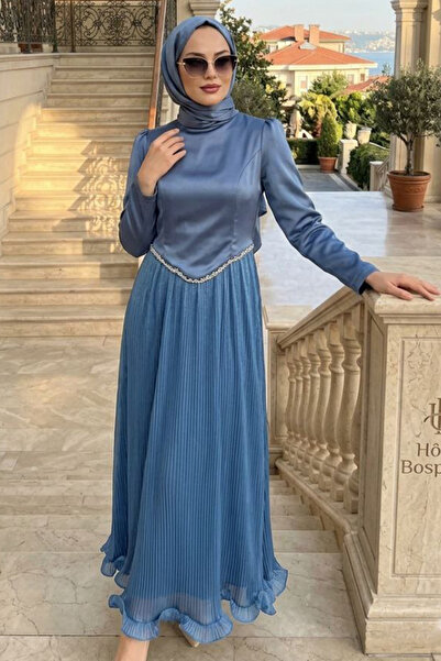 N.S NEVA STYLE Pleated Indigo Blue Hijab Evening Dress 6281Im