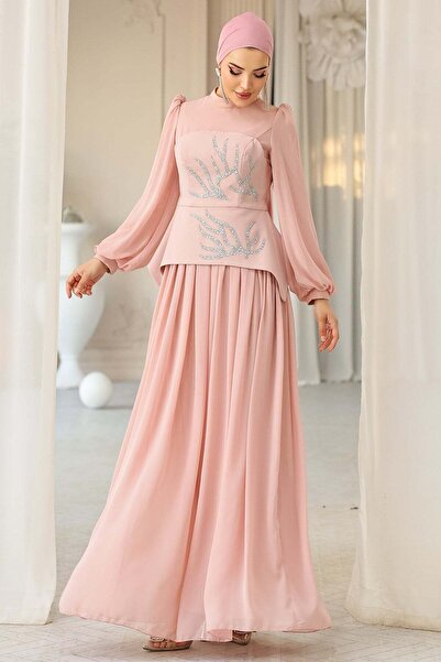 Olcay Vorne mit Steinmuster verziertes, aus Krepp und Chiffon kombiniertes Ab...