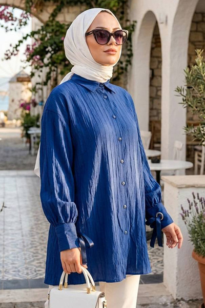 N.S NEVA STYLE Lace Detailed Navy Blue Hijab Tunic 53701L