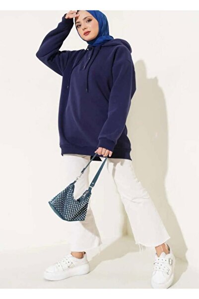 modasindoma Women's Half Button Sweatshirt Navy Blue