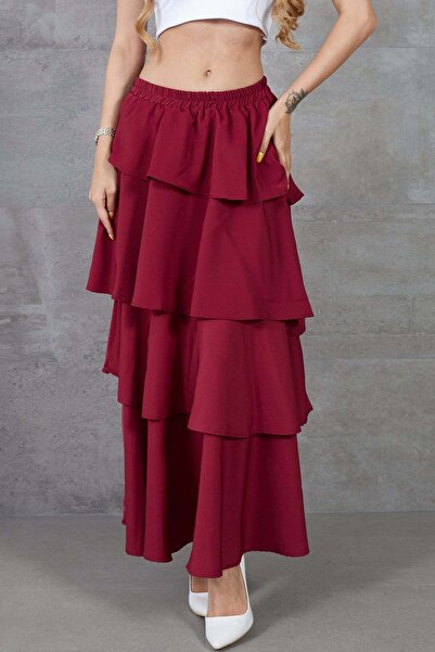 zenne Layered Cut Ruffled Long Skirt with Elastic Waist in Burgundy