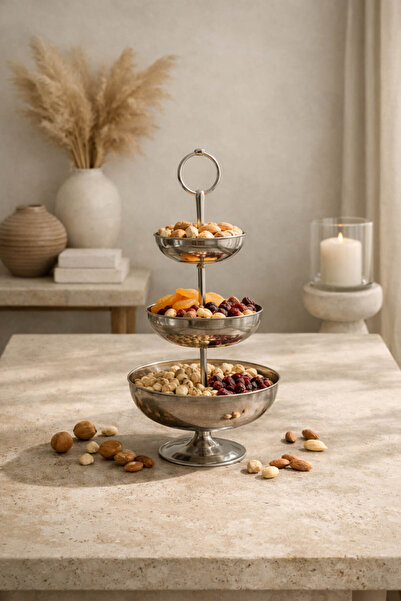 Anadolu Saray Şelale Gümüş 3 Katlı Paslanmaz Çelik Ayaklı Sunumluk Çerezlik M...