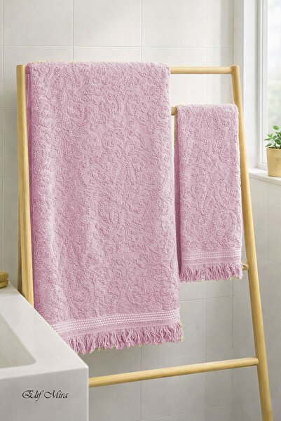Elif Mira 2-Piece Bath and Hand Towel Set Fringed Embossed Patterned 100% Cot...
