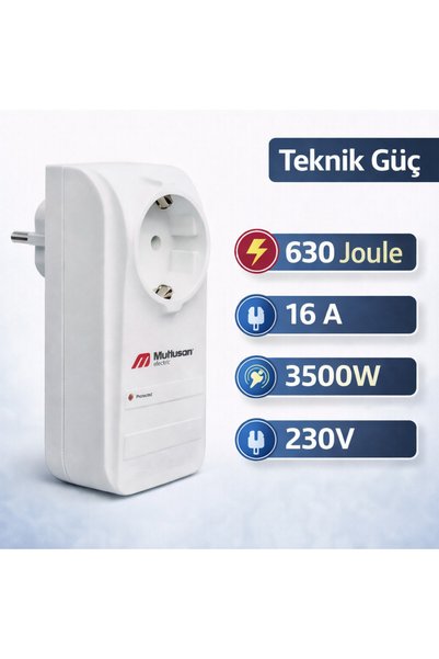 Mutlusan Electric Single Surge Protection Socket 630 Joules Current Protection Socket 16A 3500W Child Proof Surge Protector