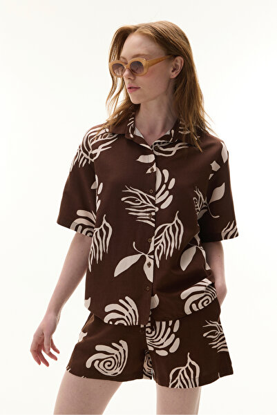 Mudo Women's Brown Linen Blend Printed Short Sleeve Shirt