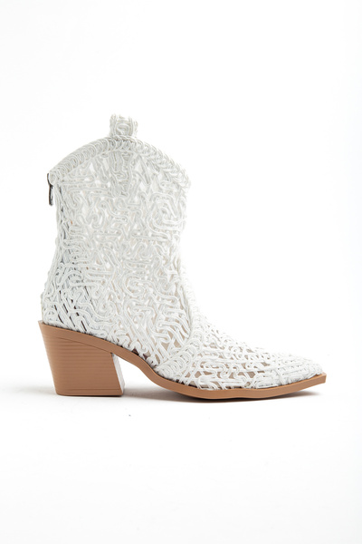 DENORA White Straw Knitted Fabric Summer Western Cowboy Boots