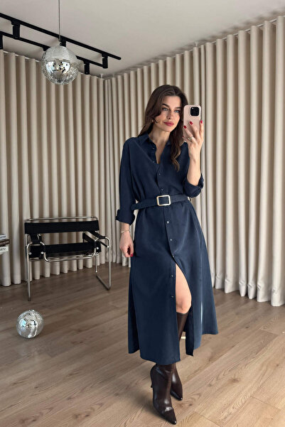 Sue Store Navy Blue Belt Li Oversized Modal Fabric Shirt Dress
