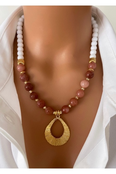 TARZ-I TAKI Natural Stone 10 mm Pink Quartz & White Glass Beads Gold Plated S...