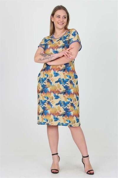 Dipmoda Women's Yellow Cycling Collar Plus Size Viscose Dress Dpaysl26