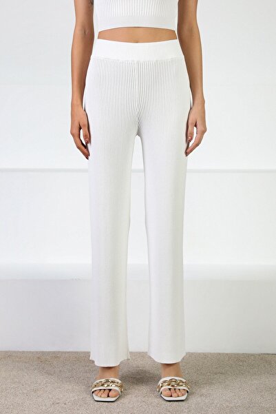 Ferraro Pantaloni albi pentru femei talie înaltă material reiat Slim V viscoz...