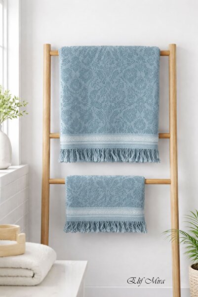 Elif Mira 2-Piece Bath and Hand Towel Set Fringed Embossed Patterned 100% Cot...