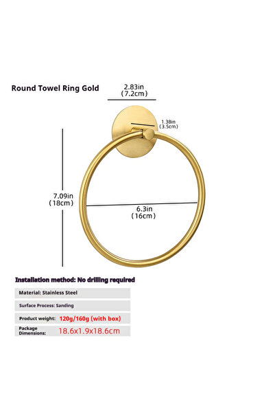 Arabest Gold Round Towel Ring, Stainless Steel Bathroom Holder, Adhesive No-D...