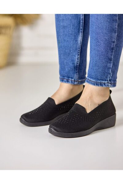 Feisal Women's Black Textile Perforated Slipons, Wedge Platform, XY2887-1