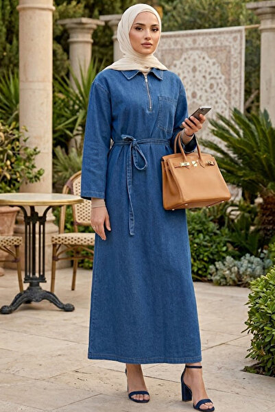 N.S NEVA STYLE Zippered Blue Denim Hijab Dress 19052m