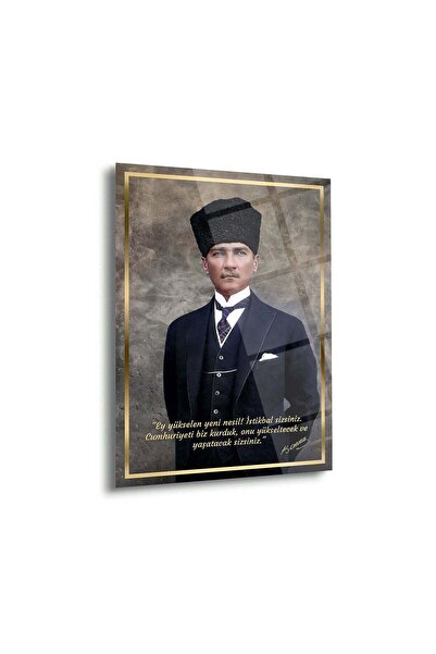 Shiny Art Atatürk Kalpaklı ve Takım Elbiseli Sözlü Portre Cam Tablo – ATA185