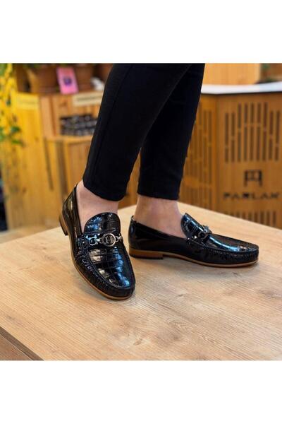 Parlak Hakiki Deri Croco Baskılı Corcik Ayakkabı