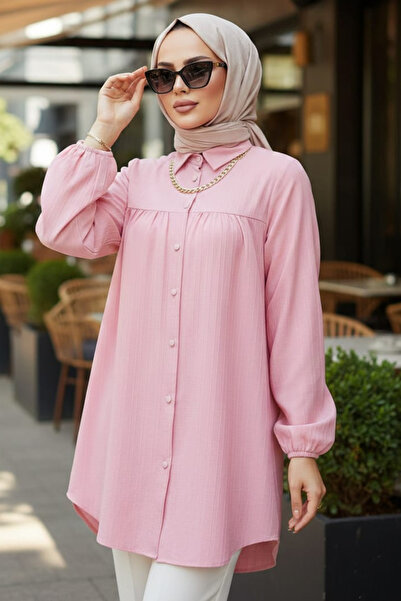 N.S NEVA STYLE Buttoned Pink Hijab Tunic 5377P