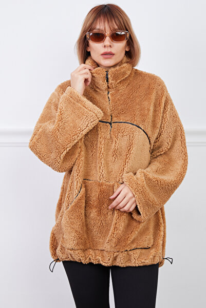 zenne Kangaroo Pocket Plush Sweatshirt Camel
