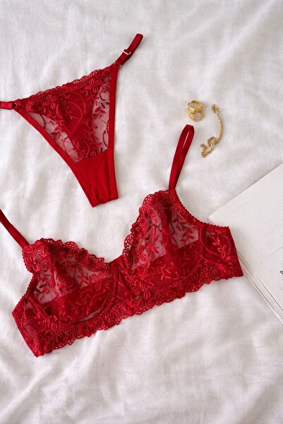 cdh çeyize dair herşey Kırmızı Dantel Detaylı Desteksiz Bralet Takım