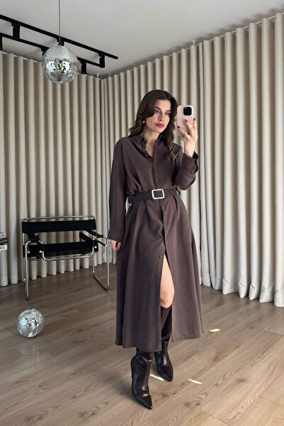 Sue Store Brown Belt Li Oversized Modal Fabric Shirt Dress