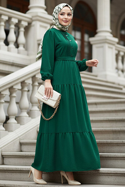 N.S NEVA STYLE Kat Piliseli Yeşil Tesettür Elbise 20207Y