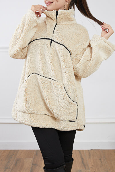 zenne Kangaroo Pocket Plush Sweatshirt Beige