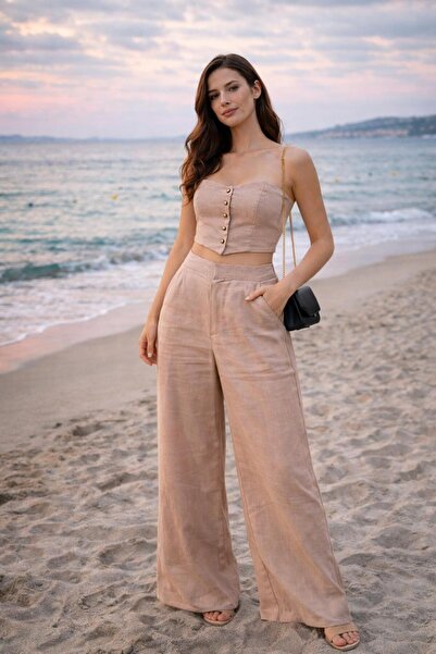 WellWay Linen Cr0P Top and Waist Elastic Set of 2 - M19 - Beige