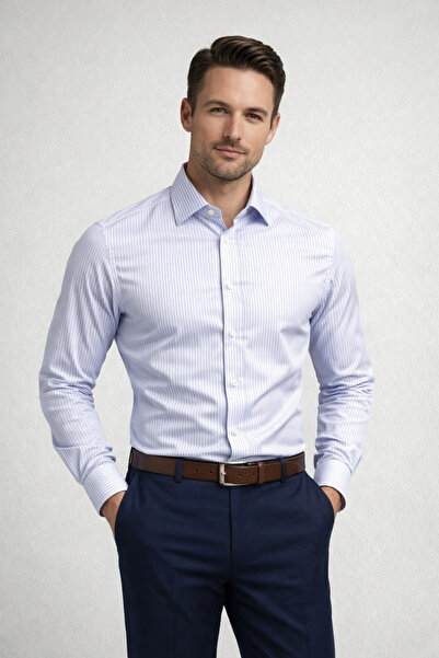 Age Of State Erkek İnce Mavi Çizgili Pamuklu Klasik Kesim Uzun Kollu Ofis Gömlek