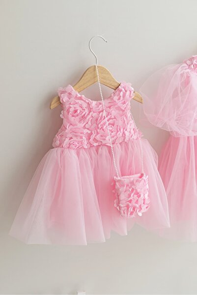 PİTABABY Kız Bebek 3 Boyut Çiçekli Pembe Çantalı Elbise ( 9 Ay -24 AY)