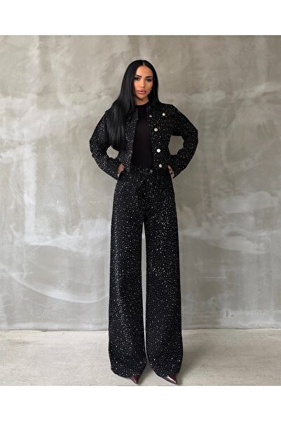 OKSOCOLLECTİON Siyah Taşlı Ceket Pantolon Takım