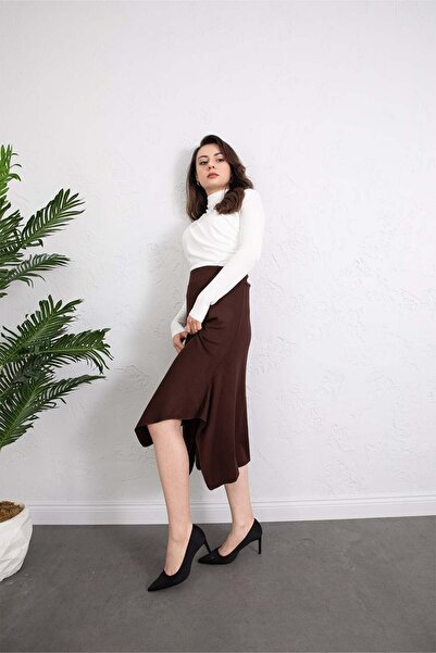 zenne تنورة ريبانا غير متماثلة بحواف ملونة - بني - 5158