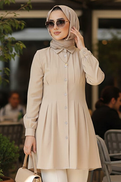 N.S NEVA STYLE Beige Hijab Tunic with Pencil Detail 10500Bej