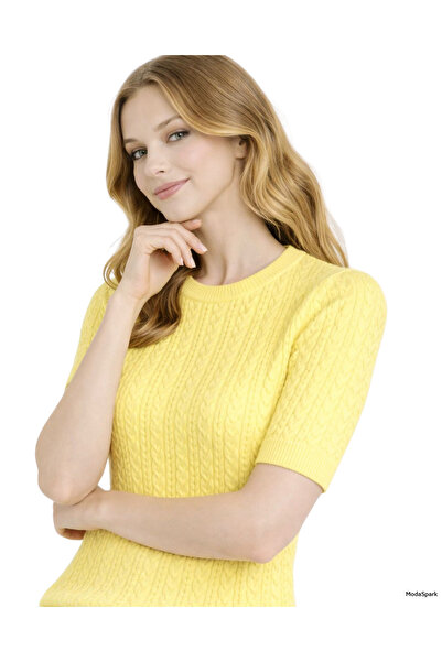 MODASPARK Yellow Short Sleeve Crew Neck Slim Fit Women's Sweatshirt