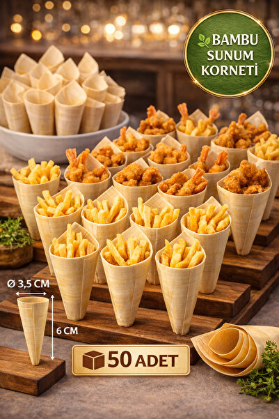 TOYFEST 50'li Pkt Mini Bambu Sunum Korneti 6x3,5 cm Doğal Sunum Külahı Koktey...