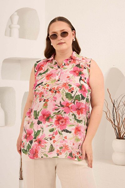 RMG Sleeveless Floral Print Plus Size Blouse Pink