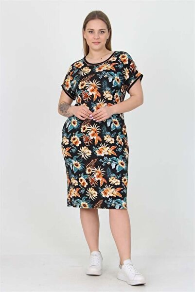 Dipmoda Women's Pocketed Floral Print Summer Large Size Viscose Dress Dpaysl32