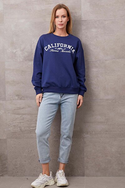 zenne Printed Crew Neck Brushed Inside Sweatshirt Indigo