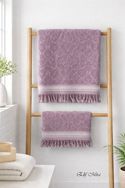 Elif Mira 2-Piece Bath and Hand Towel Set Fringed Embossed Patterned 100% Cot...