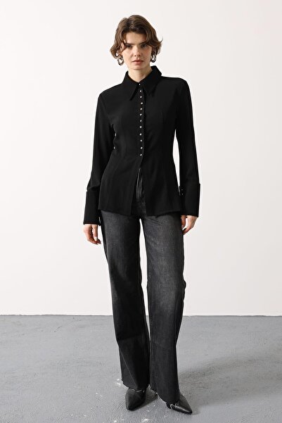 cemo Kadın Klasik Yaka Ön Düğme Detaylı Uzun Kollu Fit Gömlek