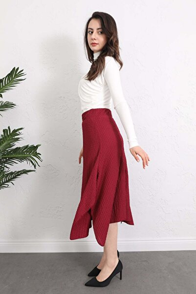 zenne Waffle Eared Asymmetrical Skirt Claret Red - 5160