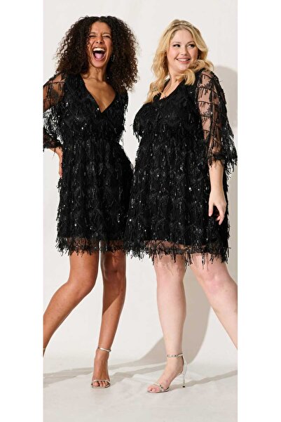 Hanife Glam Couture Hanife Glam büyük beden uzun kol mini elbise