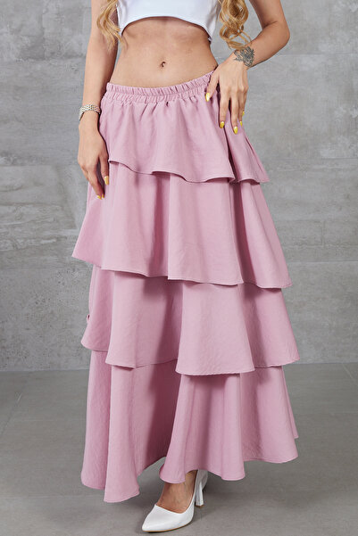 zenne Layered cut ruffled waist elastic long skirt rose dust