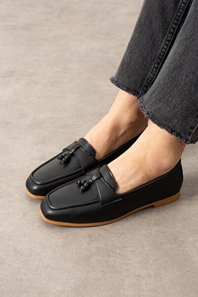 FUGA MODA Padova Black Skin cu ciucuri Wooden Bead Detailed loafers balerini ...